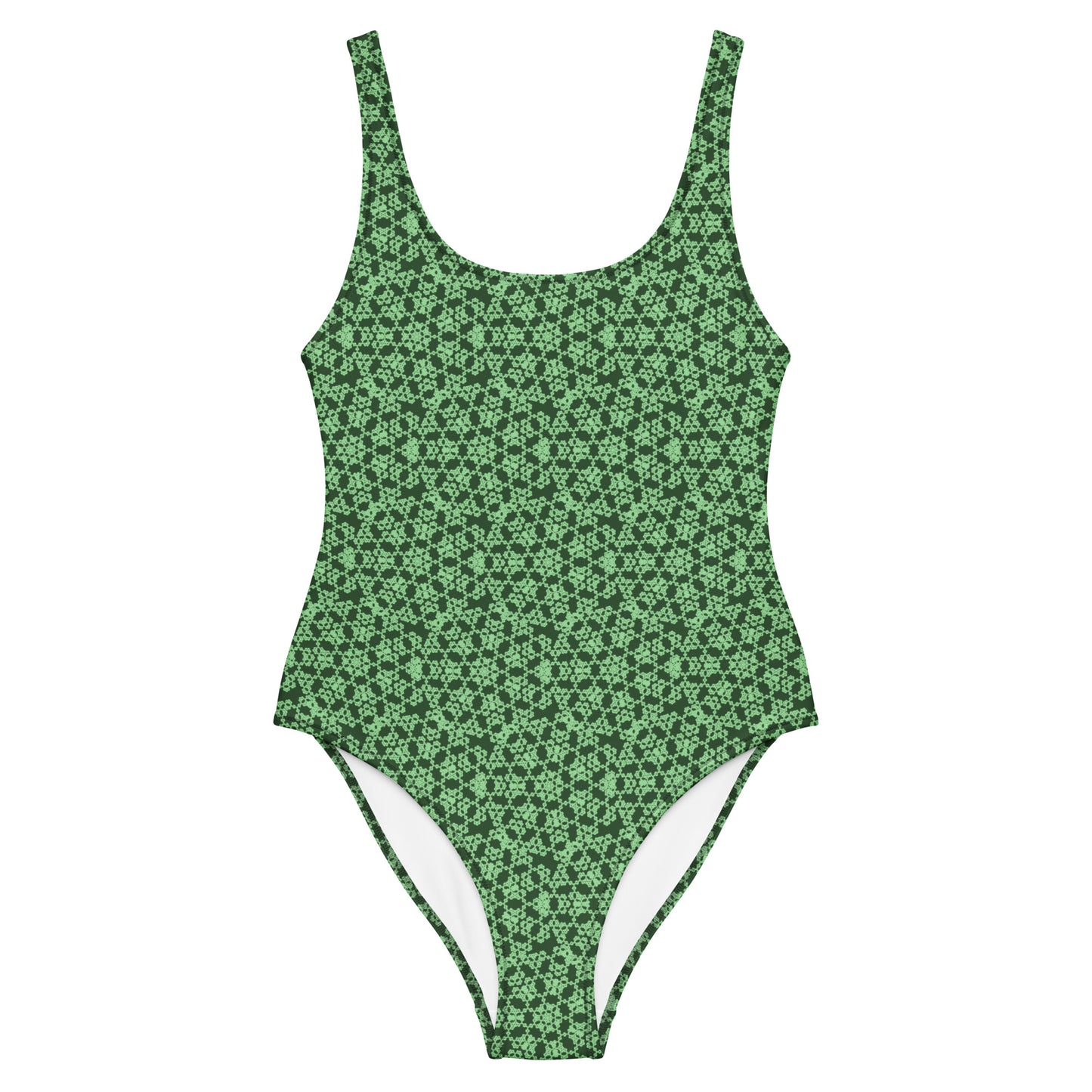Front of the one-piece swimsuit with the 'Heptagon' green fractal geometric pattern.
