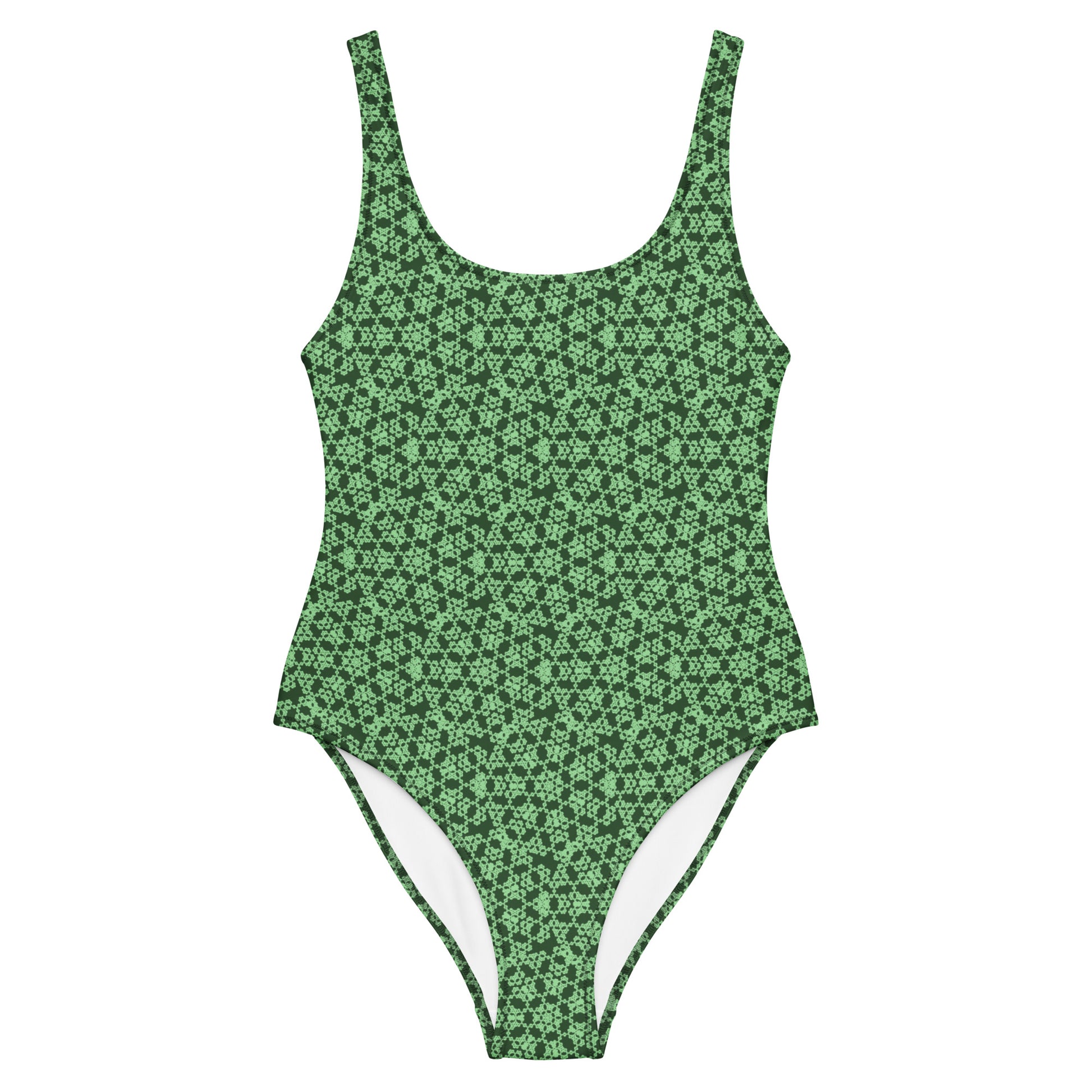 Front of the one-piece swimsuit with the 'Heptagon' green fractal geometric pattern.