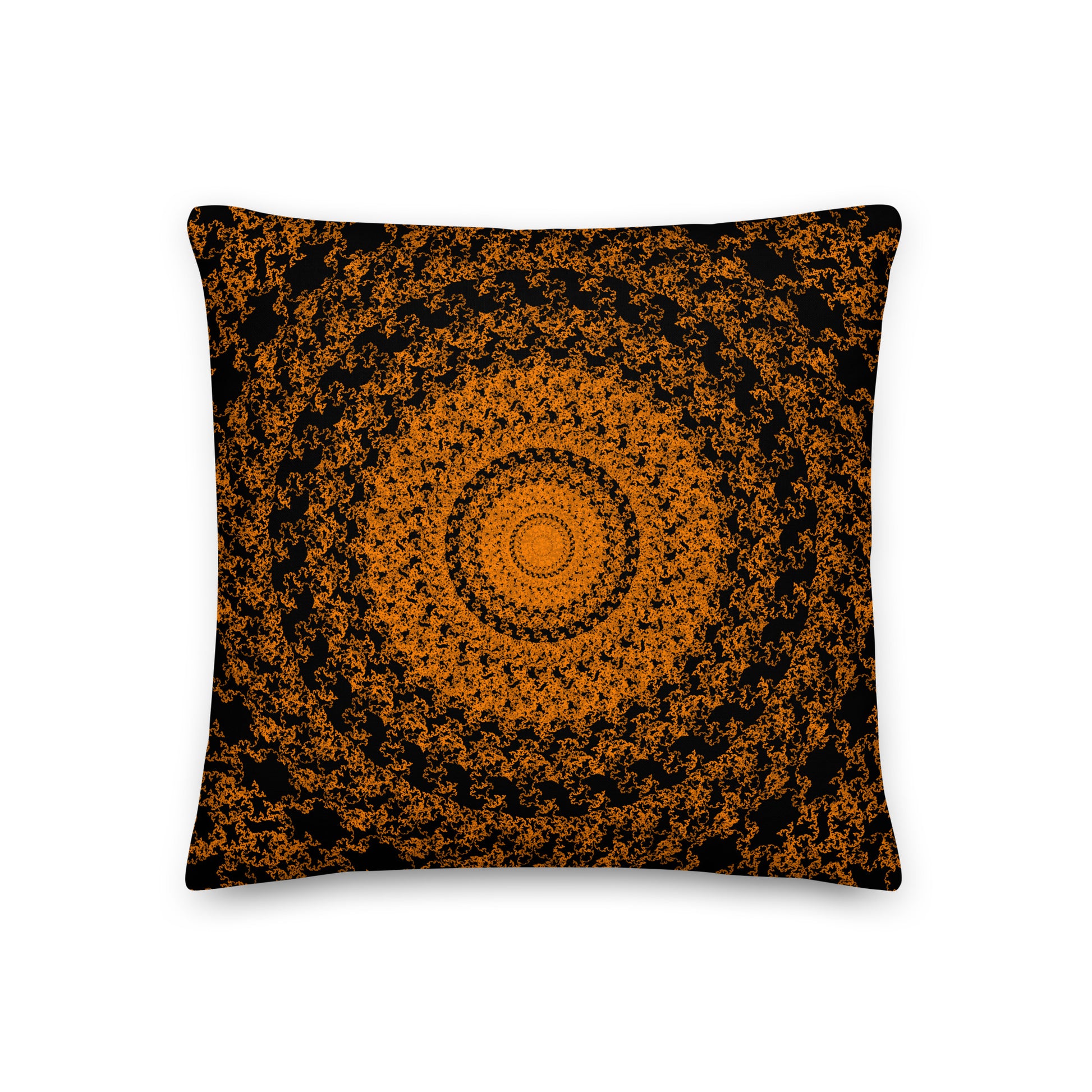 Back of the 18″×18″ premium throw pillow with the 'The Sun' orange and black geometric design.