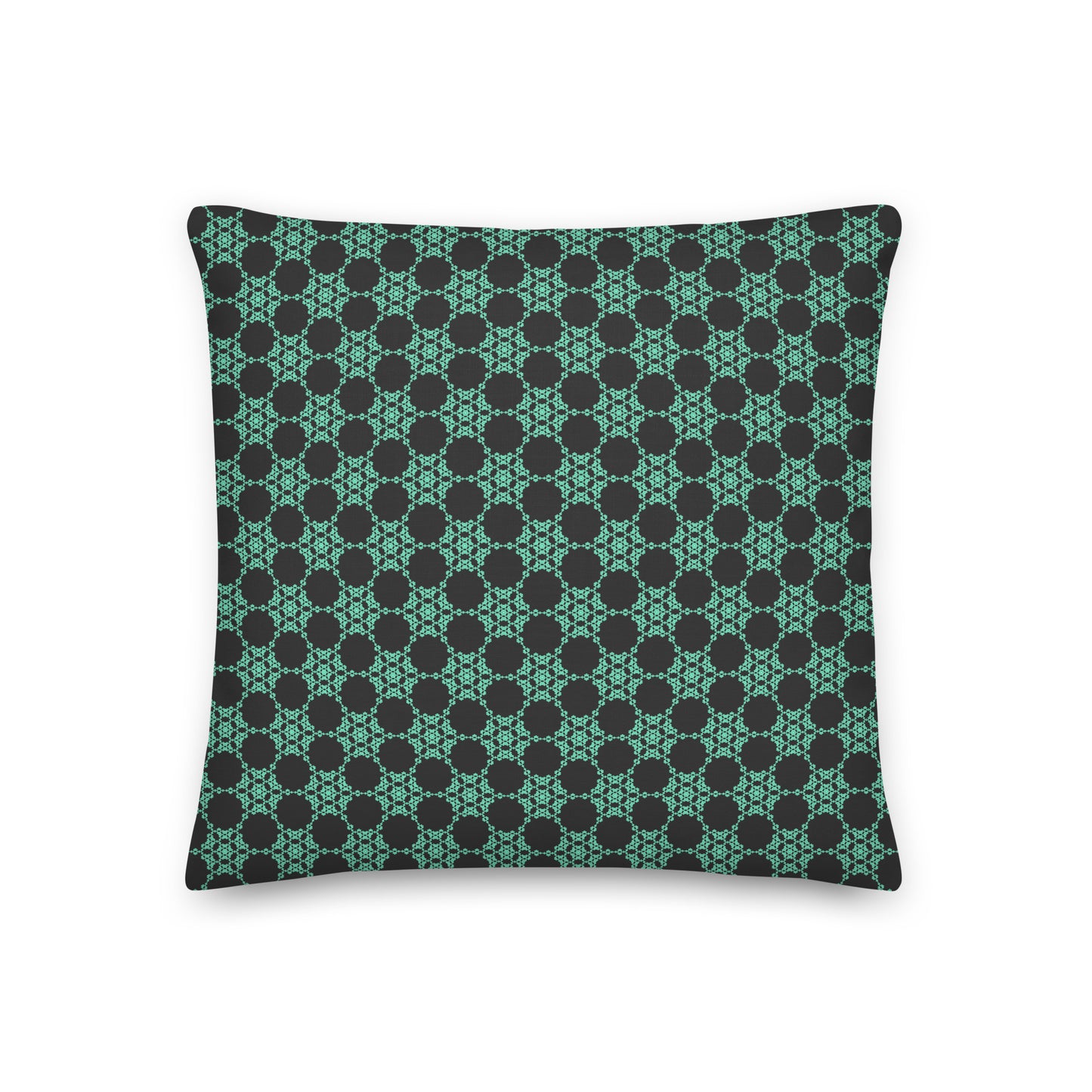 Back of the 18″×18″ premium throw pillow with the 'Flowers Victory' dark grey and green geometric pattern.