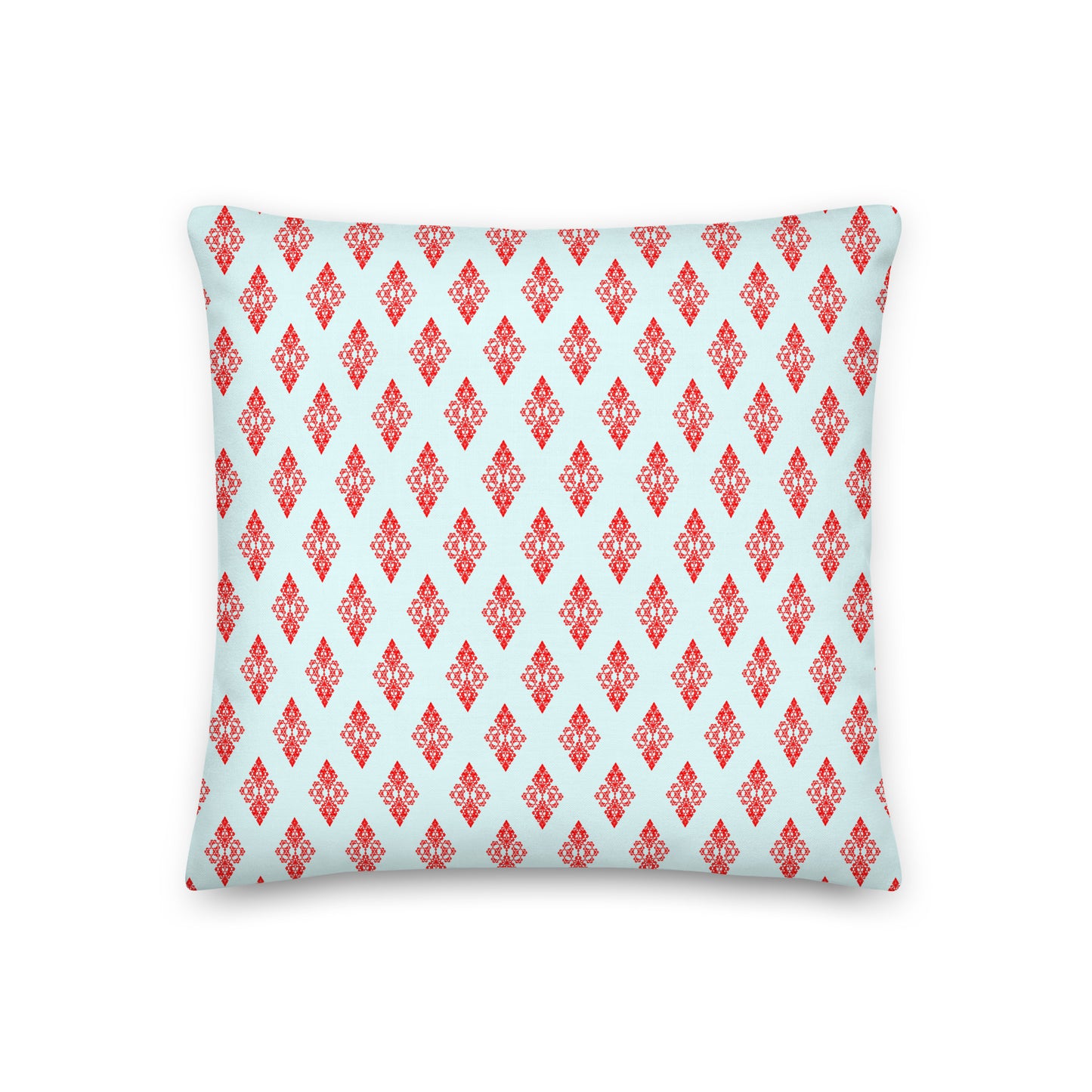 Back of the 18″×18″ premium throw pillow with the 'Digon' sky blue and red geometric pattern.
