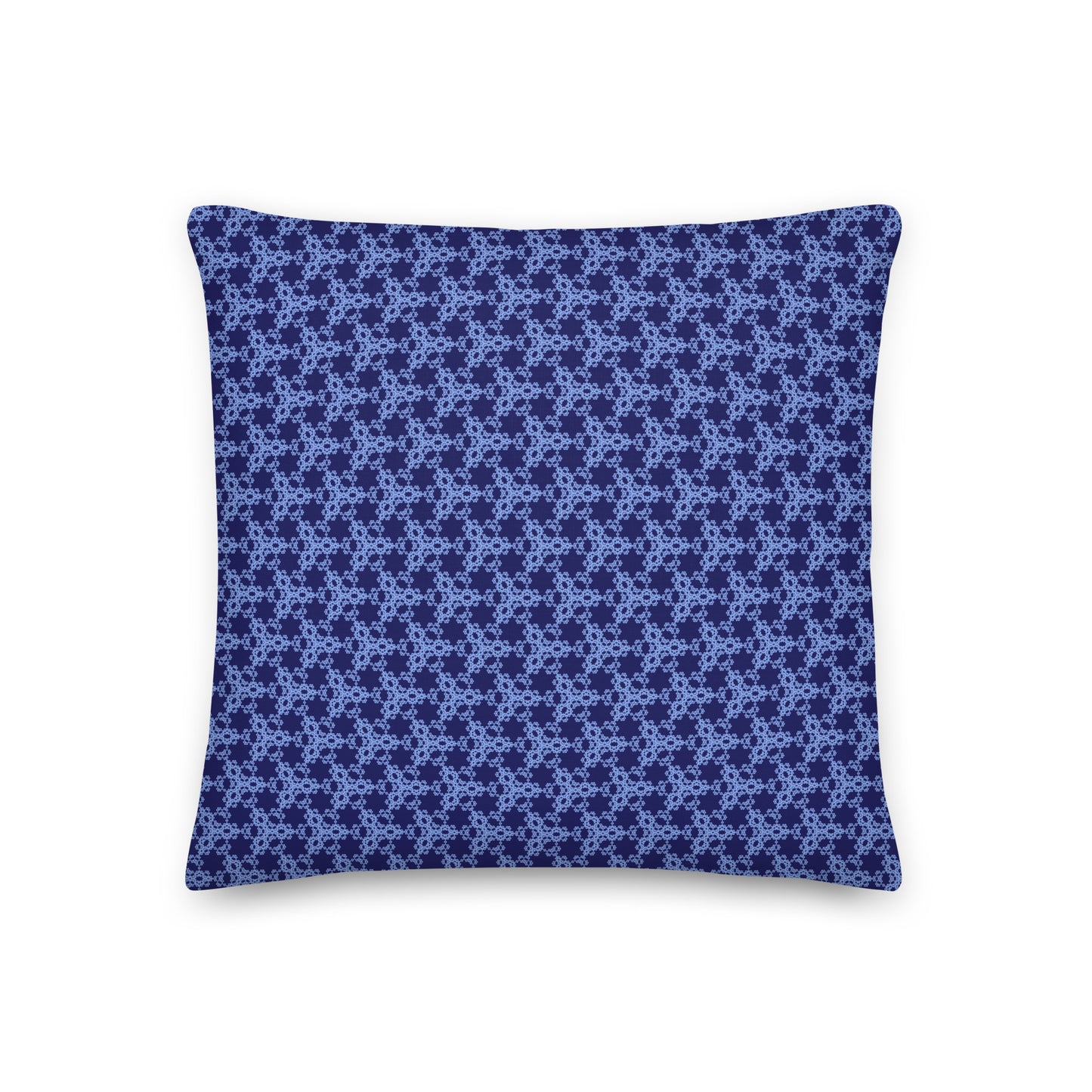 Back of the 18″×18″ premium throw pillow with the 'Trigon' navy and blue geometric pattern.
