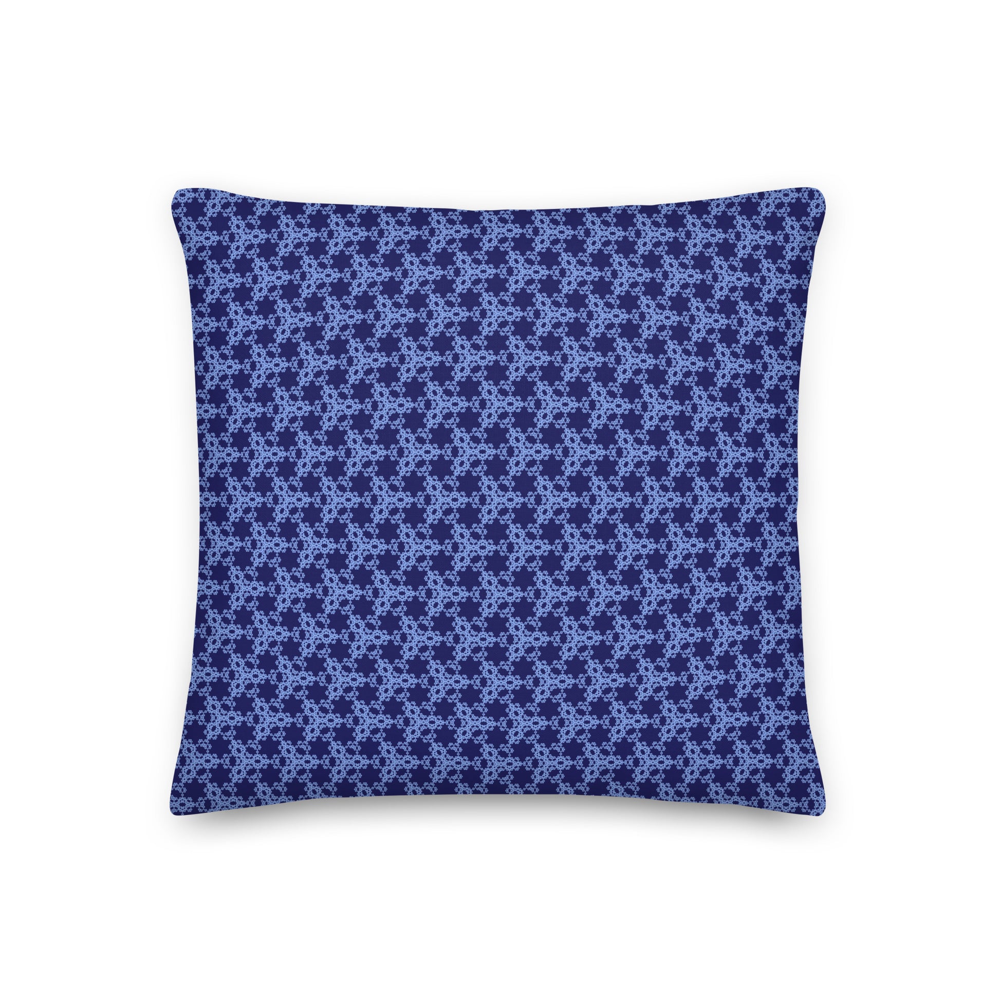 Back of the 18″×18″ premium throw pillow with the 'Trigon' navy and blue geometric pattern.