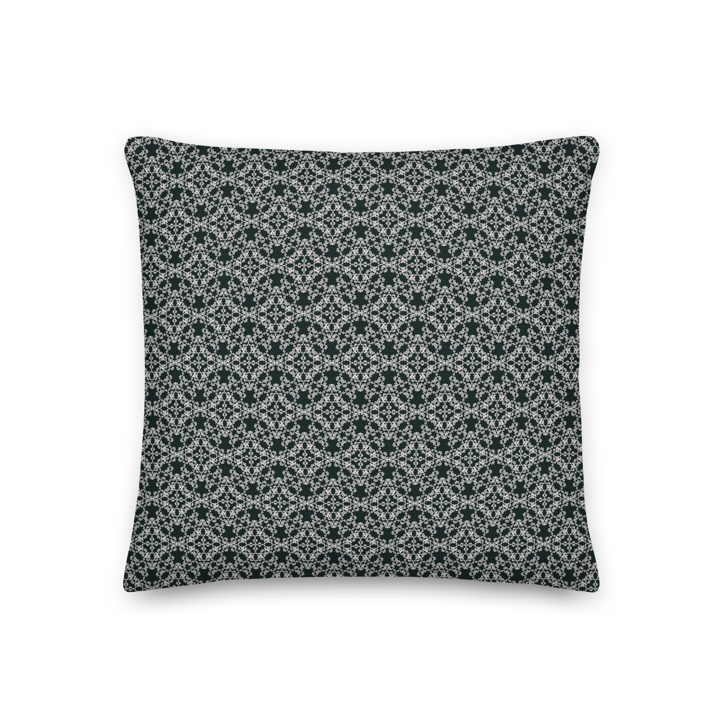 Back of the 18″×18″ premium throw pillow with the 'Tetragon' charcoal and white geometric pattern.