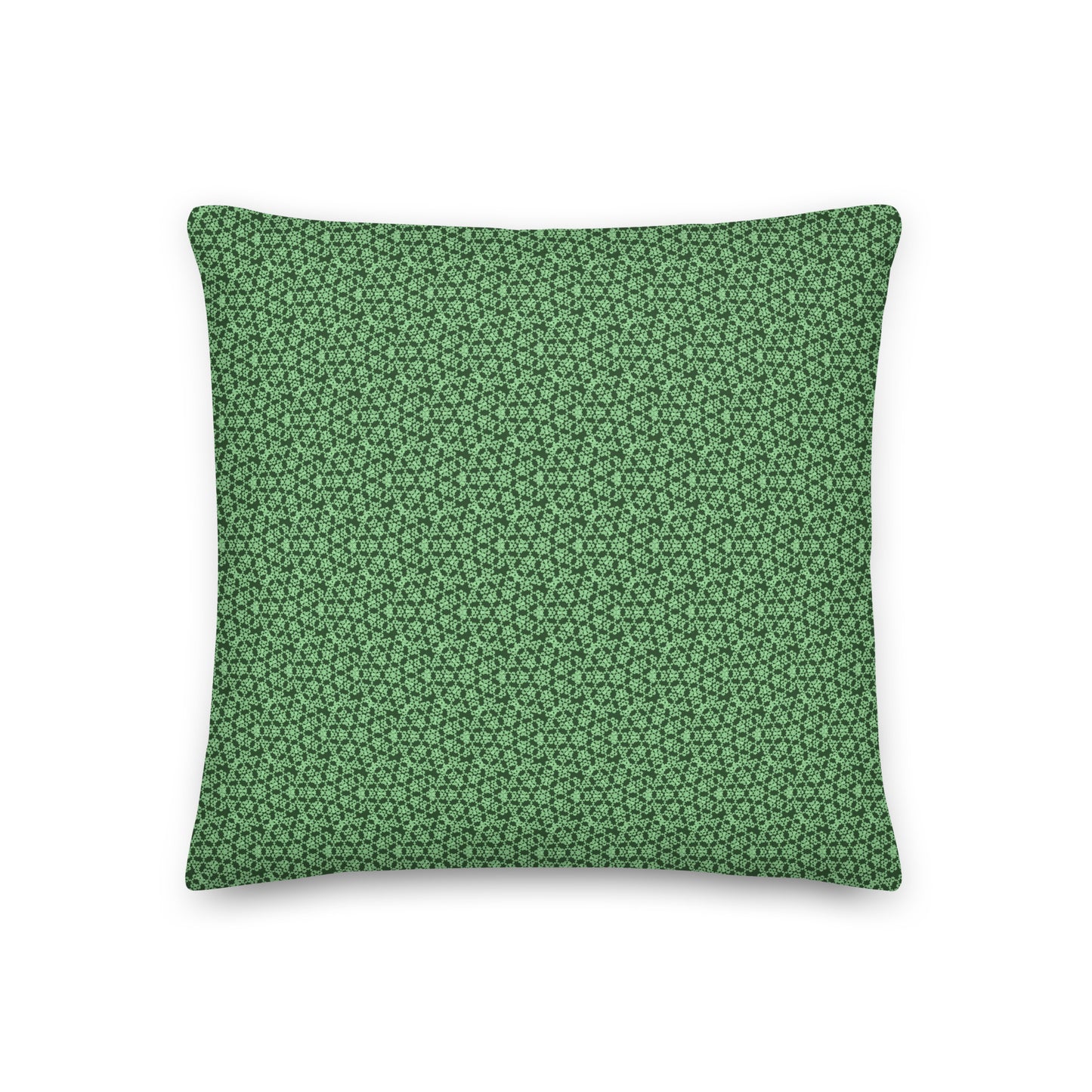 Back of the 18″×18″ premium throw pillow with the 'Heptagon' green geometric pattern.