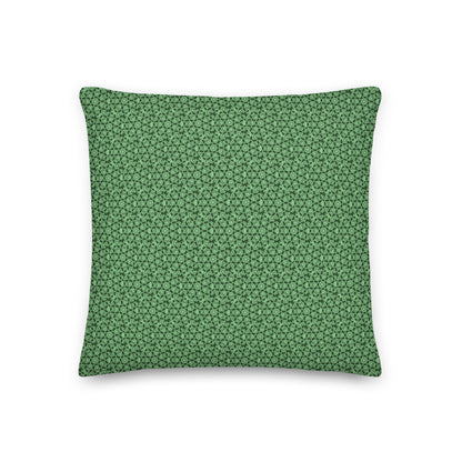Back of the 18″×18″ premium throw pillow with the 'Heptagon' green geometric pattern.