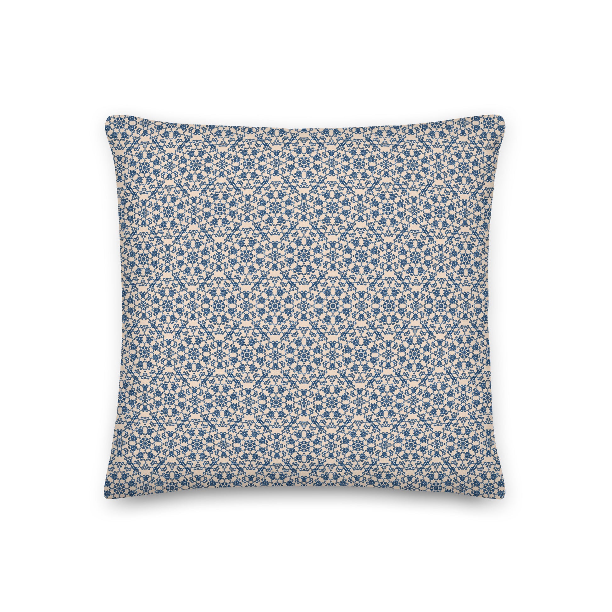 Back of the 18″×18″ premium throw pillow with the 'Octagon' navy and beige geometric pattern.