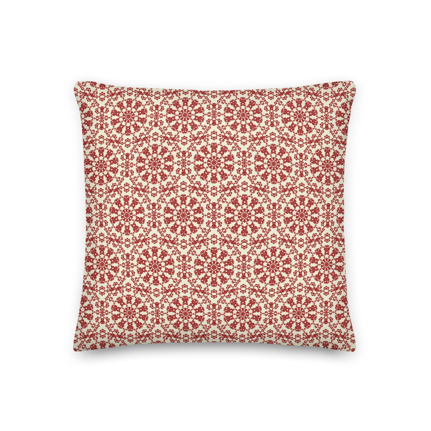 Back of the 18″×18″ premium throw pillow with the ‘Decagon’ terracotta and beige geometric pattern.