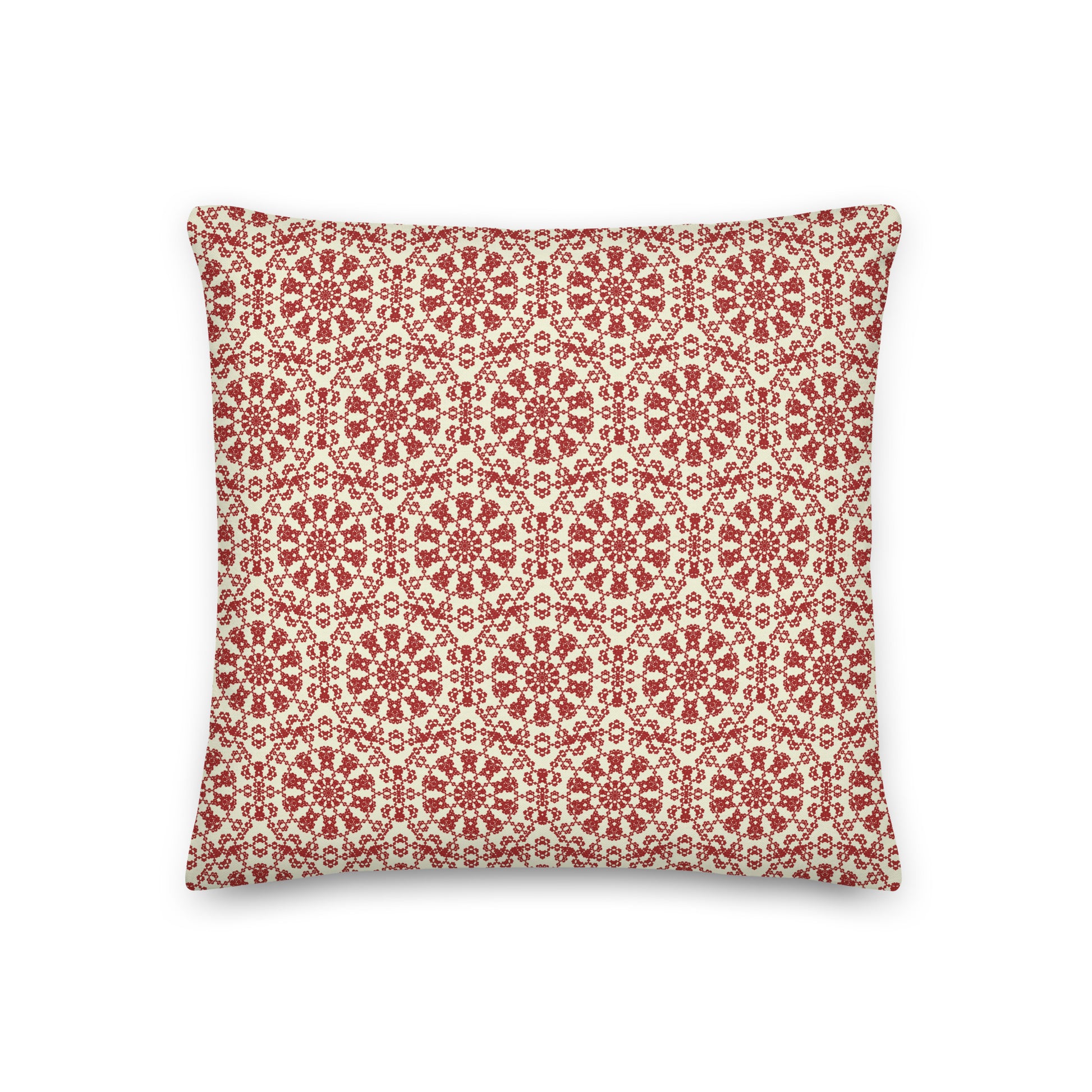 Back of the 18″×18″ premium throw pillow with the ‘Decagon’ terracotta and beige geometric pattern.