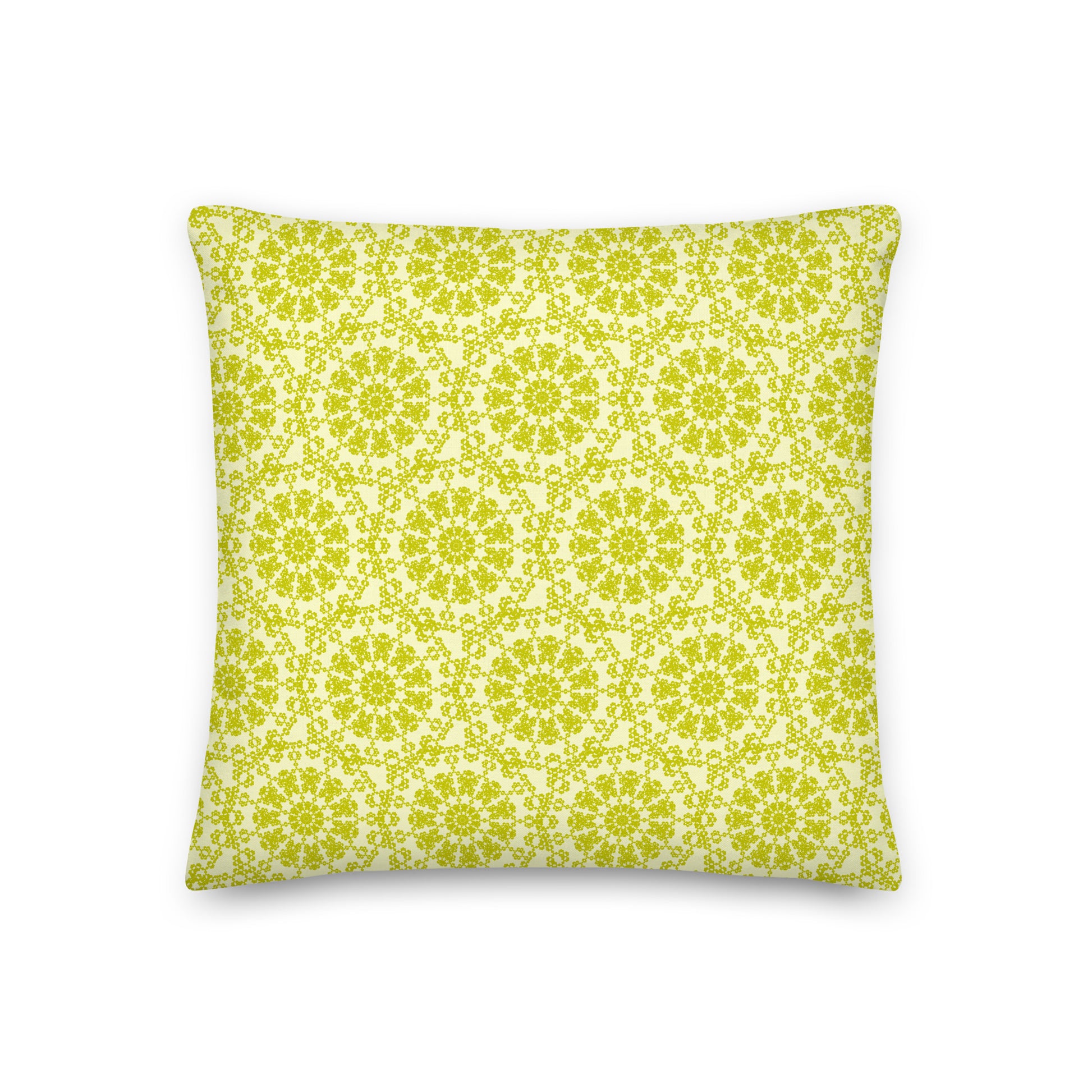 Back of the 18″×18″ premium throw pillow with the 'Hendecagon' yellow-green geometric pattern