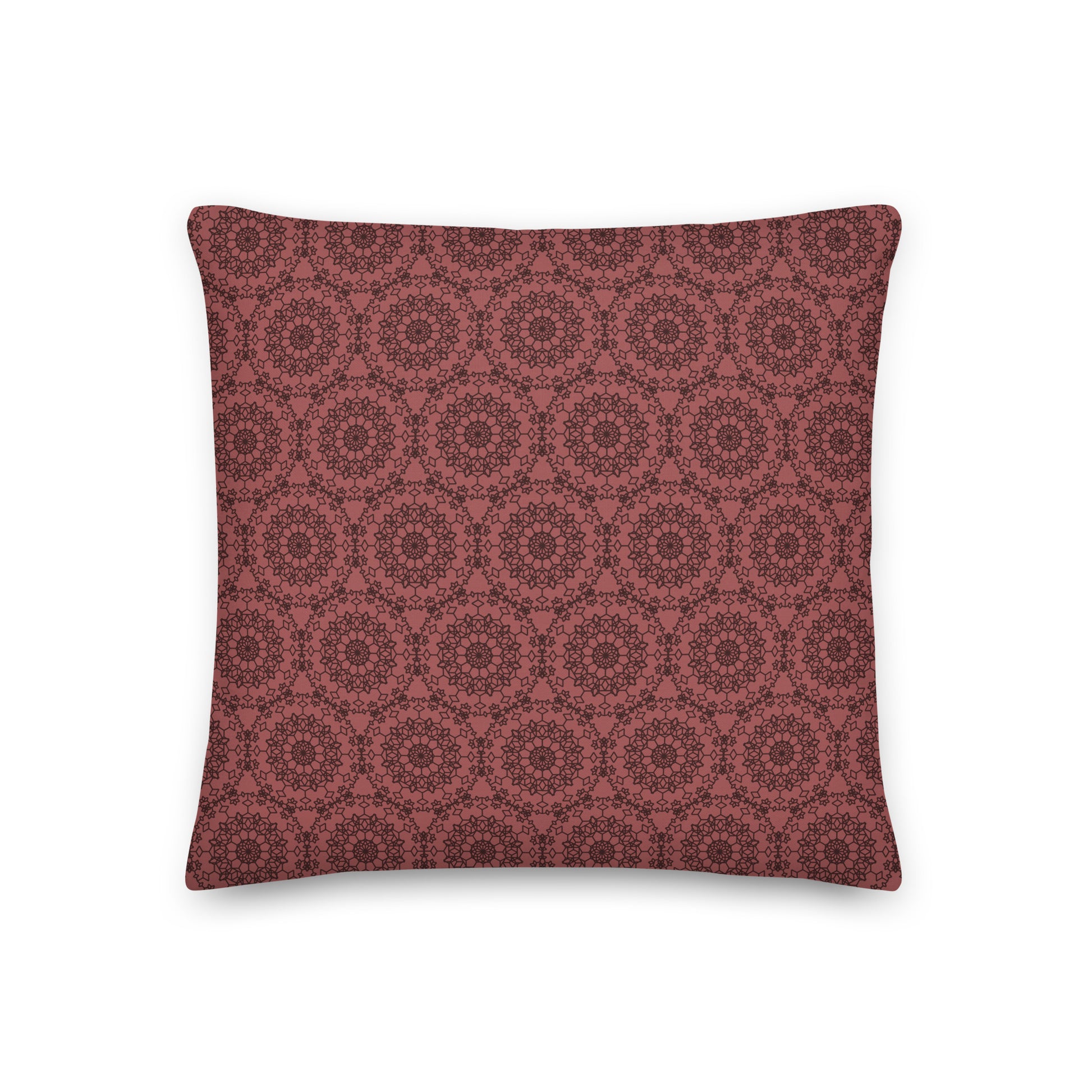 Back of the 18″×18″ premium throw pillow with the 'Dodecagon' rose geometric pattern.