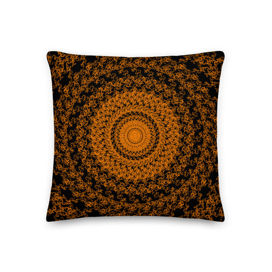 Front of the 18″×18″ premium throw pillow with the 'The Sun' orange and black geometric design.