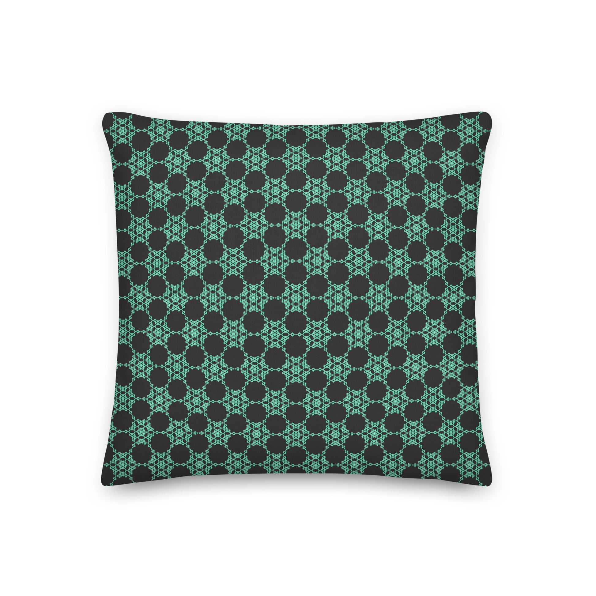 Front of the 18″×18″ premium throw pillow with the 'Flowers Victory' dark grey and green geometric pattern.