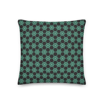 Front of the 18″×18″ premium throw pillow with the 'Flowers Victory' dark grey and green geometric pattern.