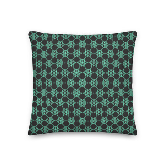 Front of the 18″×18″ premium throw pillow with the 'Flowers Victory' dark grey and green geometric pattern.