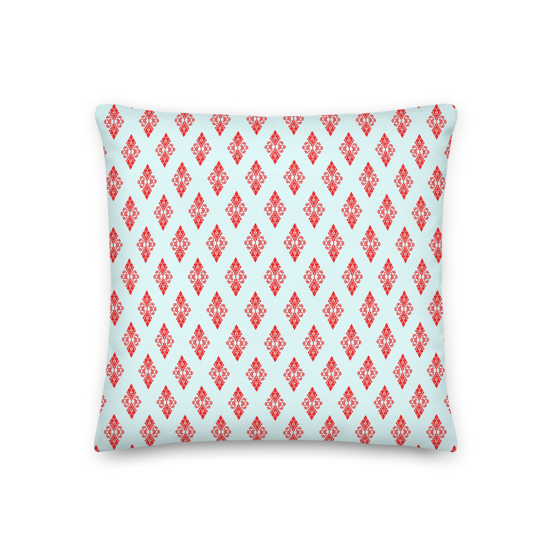 Front of the 18″×18″ premium throw pillow with the 'Digon' sky blue and red geometric pattern.