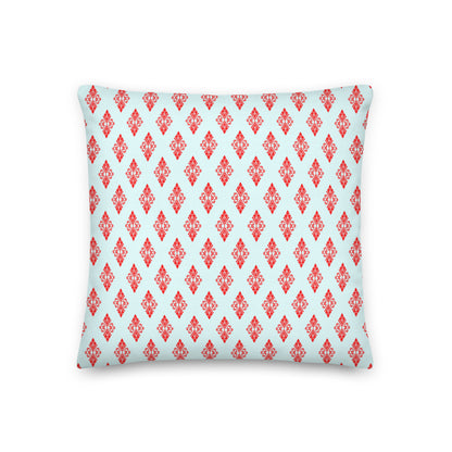 Front of the 18″×18″ premium throw pillow with the 'Digon' sky blue and red geometric pattern.