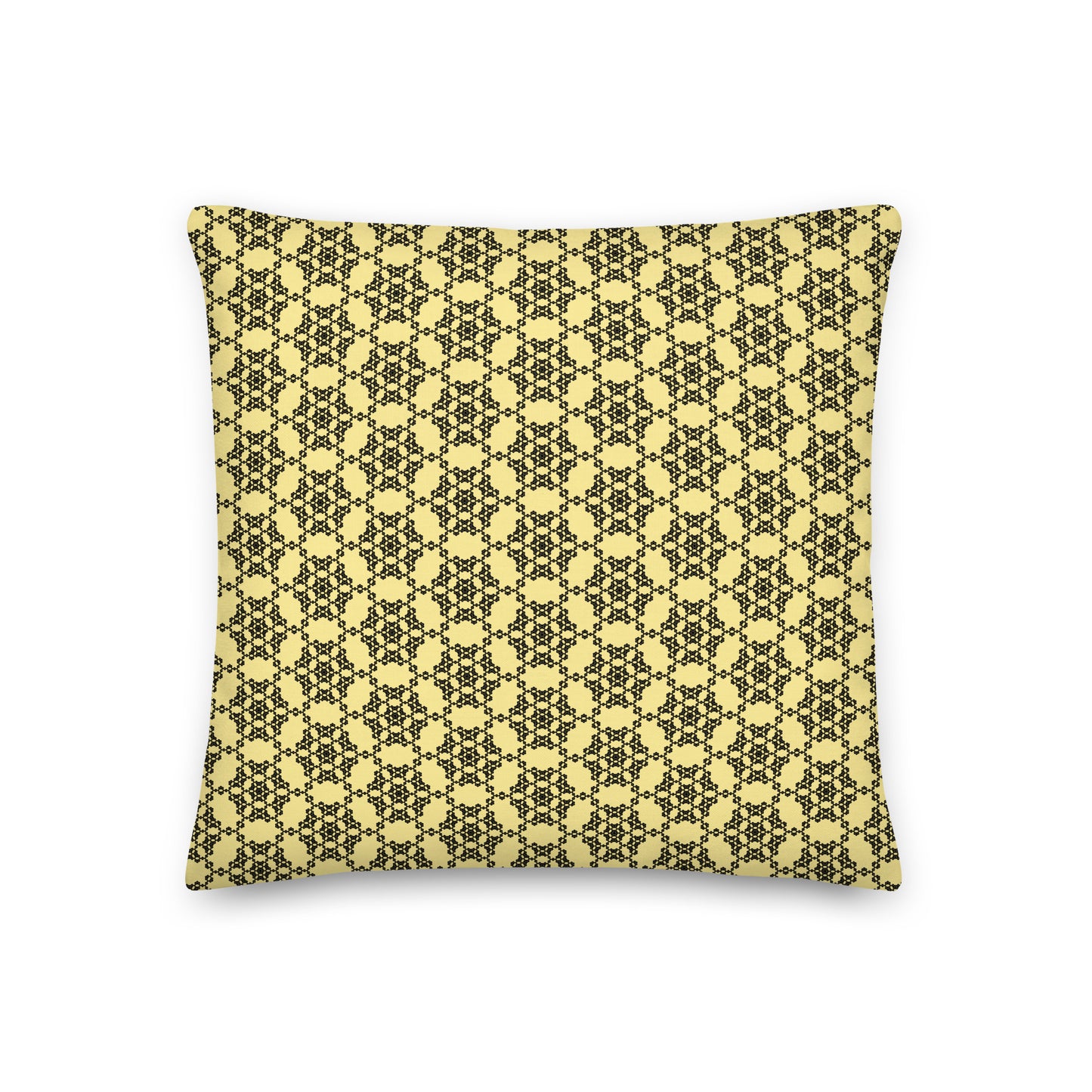 Front of the 18″×18″ premium throw pillow with the 'Hexagon' yellow and black geometric pattern.