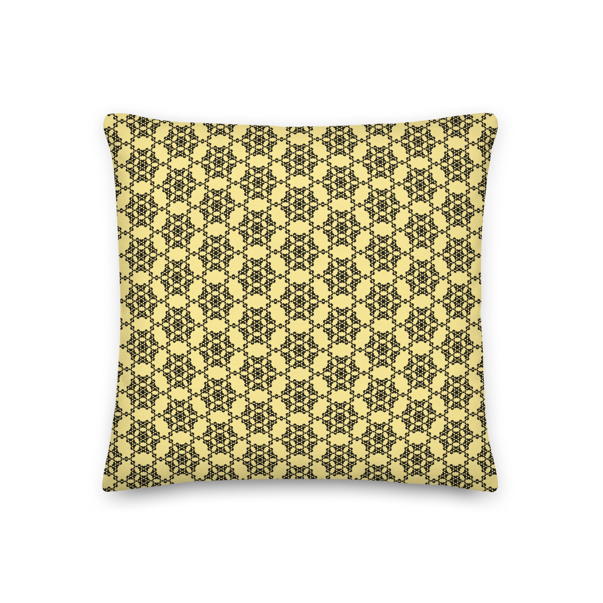 Front of the 18″×18″ premium throw pillow with the 'Hexagon' yellow and black geometric pattern.