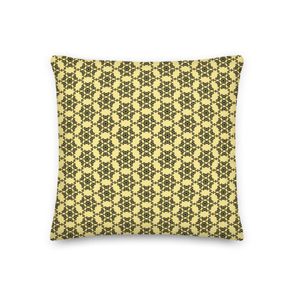Front of the 18″×18″ premium throw pillow with the 'Hexagon' yellow and black geometric pattern.