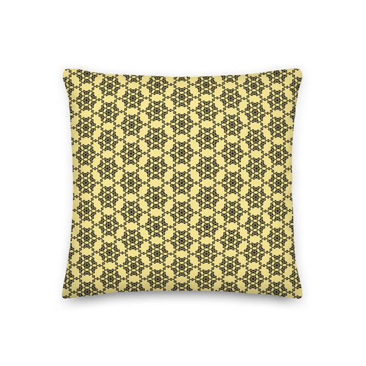 Front of the 18″×18″ premium throw pillow with the 'Hexagon' yellow and black geometric pattern.