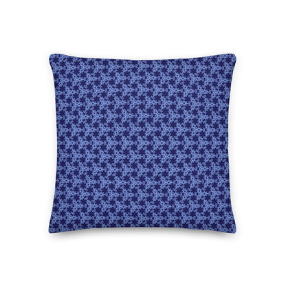 Front of the 18″×18″ premium throw pillow with the 'Trigon' navy and blue geometric pattern.
