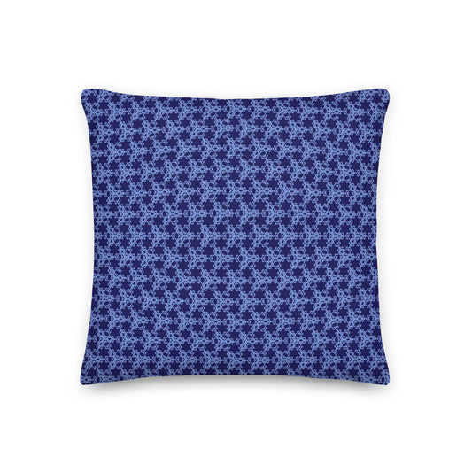 Front of the 18″×18″ premium throw pillow with the 'Trigon' navy and blue geometric pattern.
