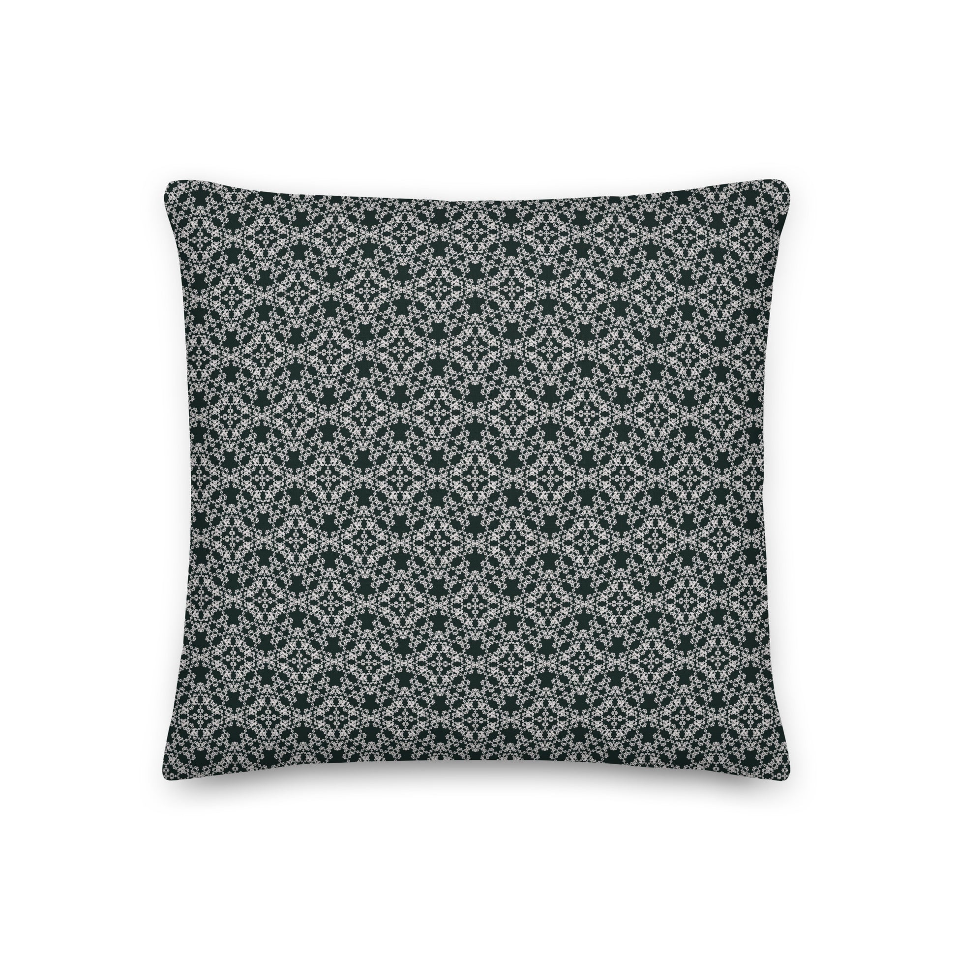 Front of the 18″×18″ premium throw pillow with the 'Tetragon' charcoal and white geometric pattern.