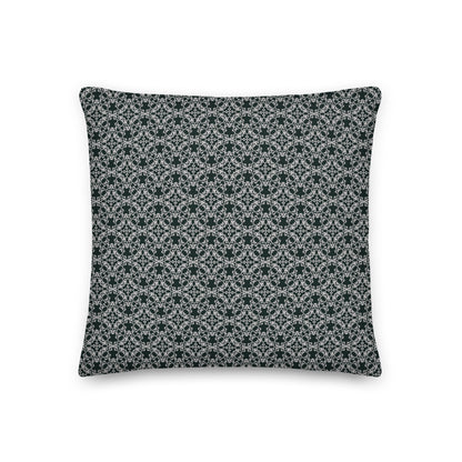 Front of the 18″×18″ premium throw pillow with the 'Tetragon' charcoal and white geometric pattern.