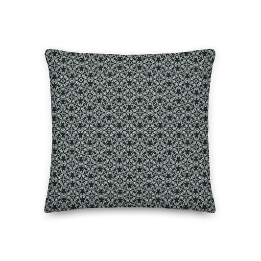 Front of the 18″×18″ premium throw pillow with the 'Tetragon' charcoal and white geometric pattern.