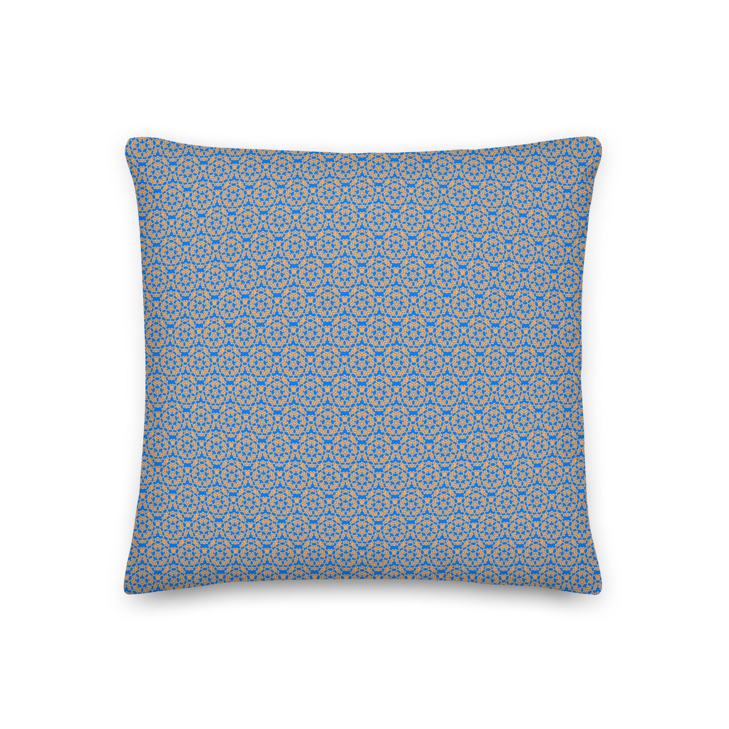 Front of the 18″×18″ premium throw pillow with the 'Pentagon' blue and yellow geometric pattern.