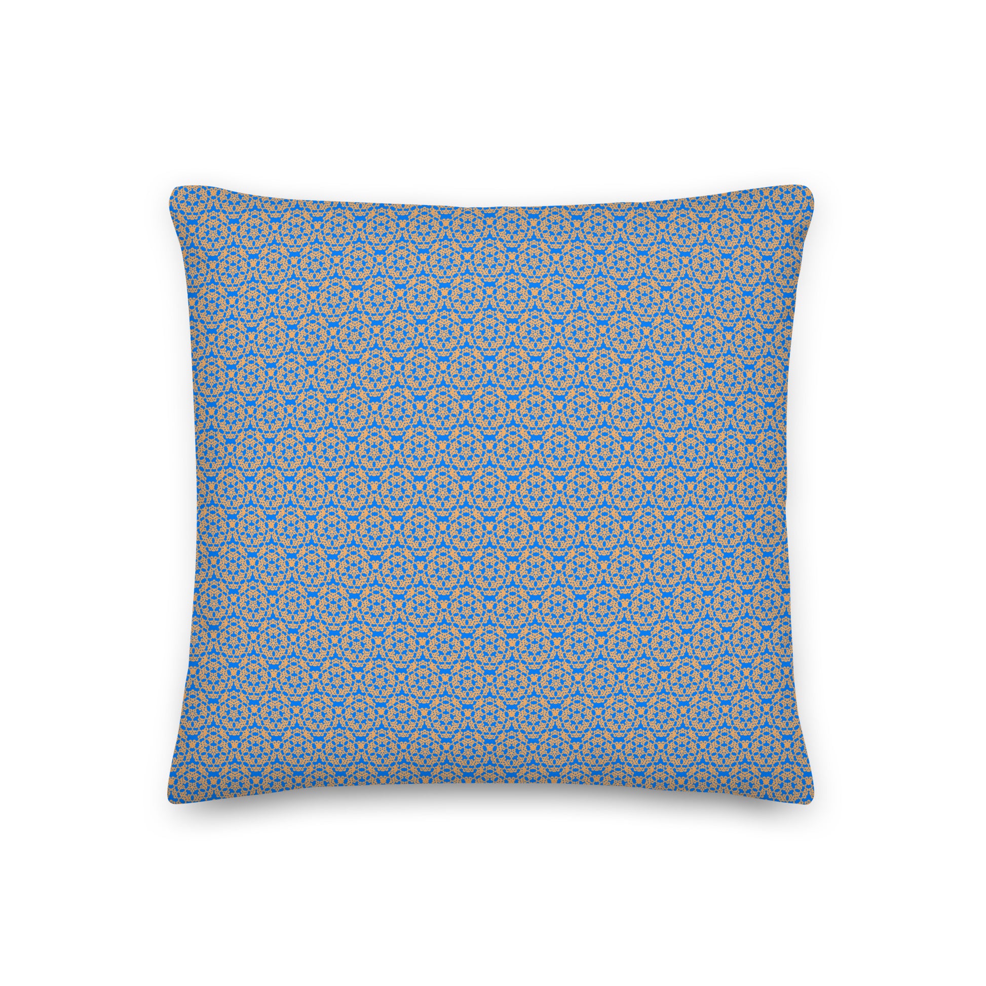 Front of the 18″×18″ premium throw pillow with the 'Pentagon' blue and yellow geometric pattern.