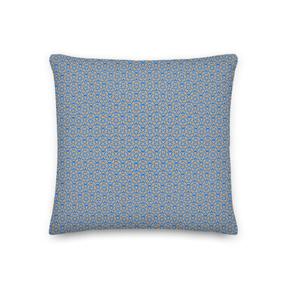 Front of the 18″×18″ premium throw pillow with the 'Pentagon' blue and yellow geometric pattern.