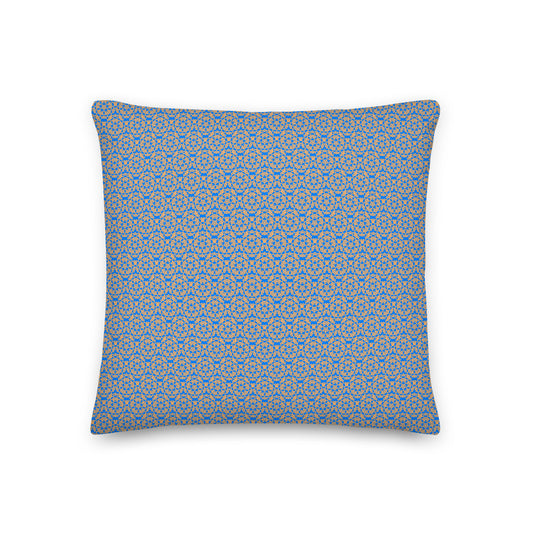 Front of the 18″×18″ premium throw pillow with the 'Pentagon' blue and yellow geometric pattern.