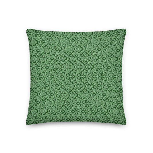 Front of the 18″×18″ premium throw pillow with the 'Heptagon' green geometric pattern.