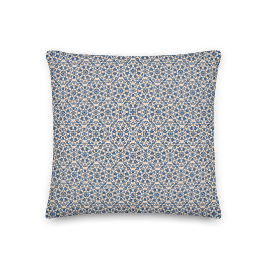 Front of the 18″×18″ premium throw pillow with the 'Octagon' navy and beige geometric pattern.