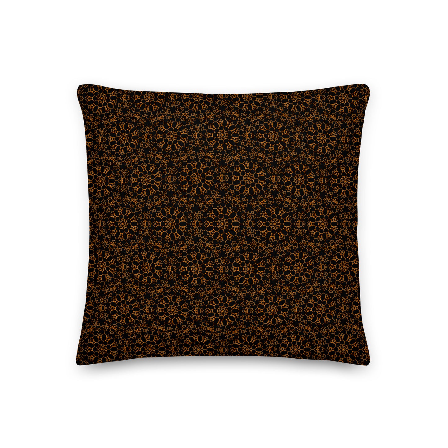 Front of the 18″×18″ premium throw pillow with the 'Enneagon' black & gold geometric pattern.