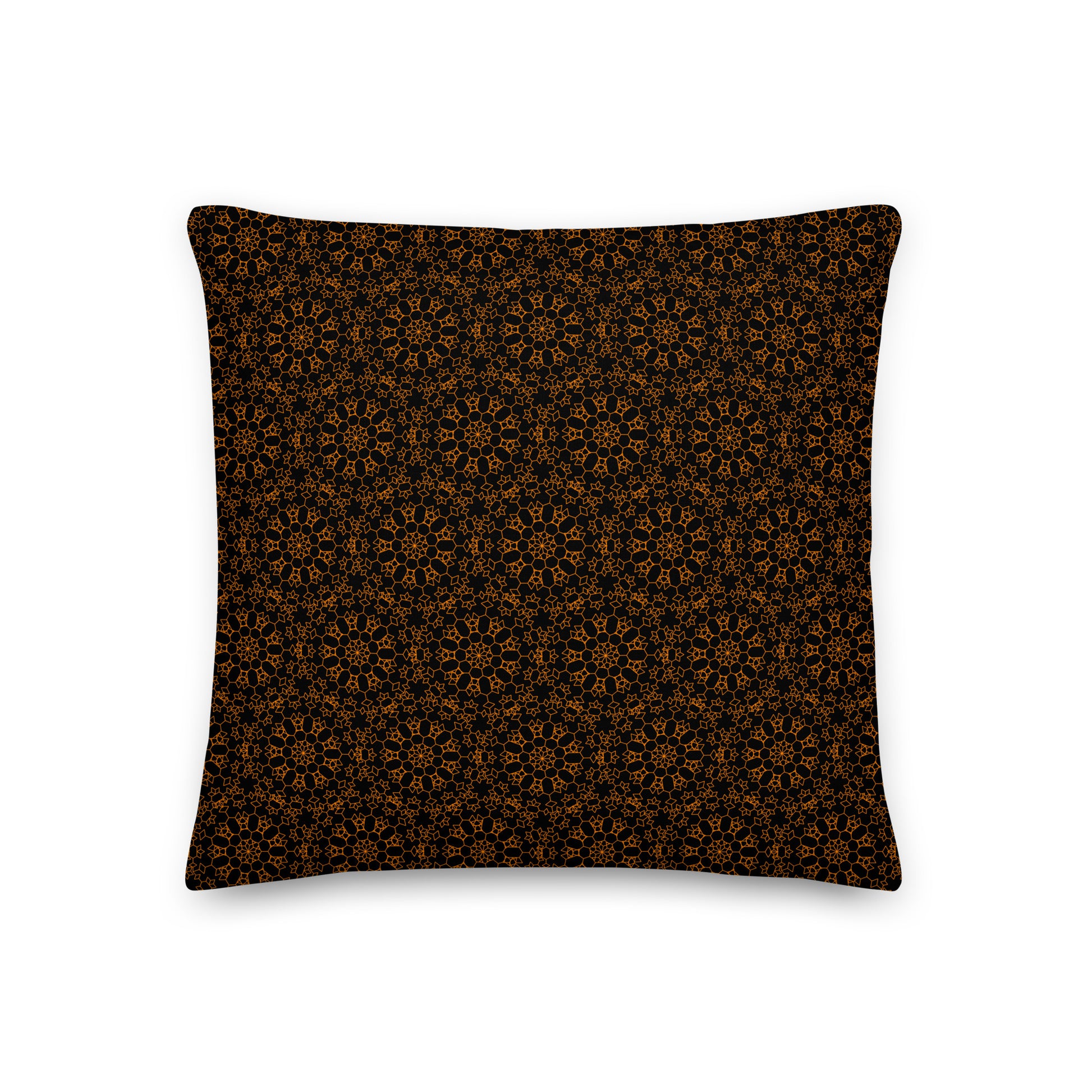 Front of the 18″×18″ premium throw pillow with the 'Enneagon' black & gold geometric pattern.