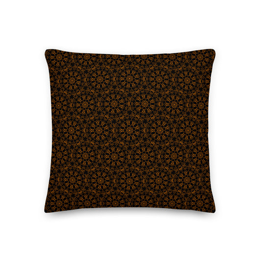 Front of the 18″×18″ premium throw pillow with the 'Enneagon' black & gold geometric pattern.
