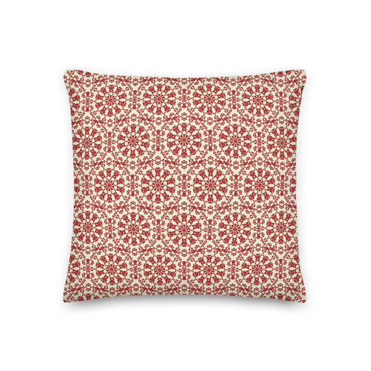 Front of the 18″×18″ premium throw pillow with the ‘Decagon’ terracotta and beige geometric pattern.