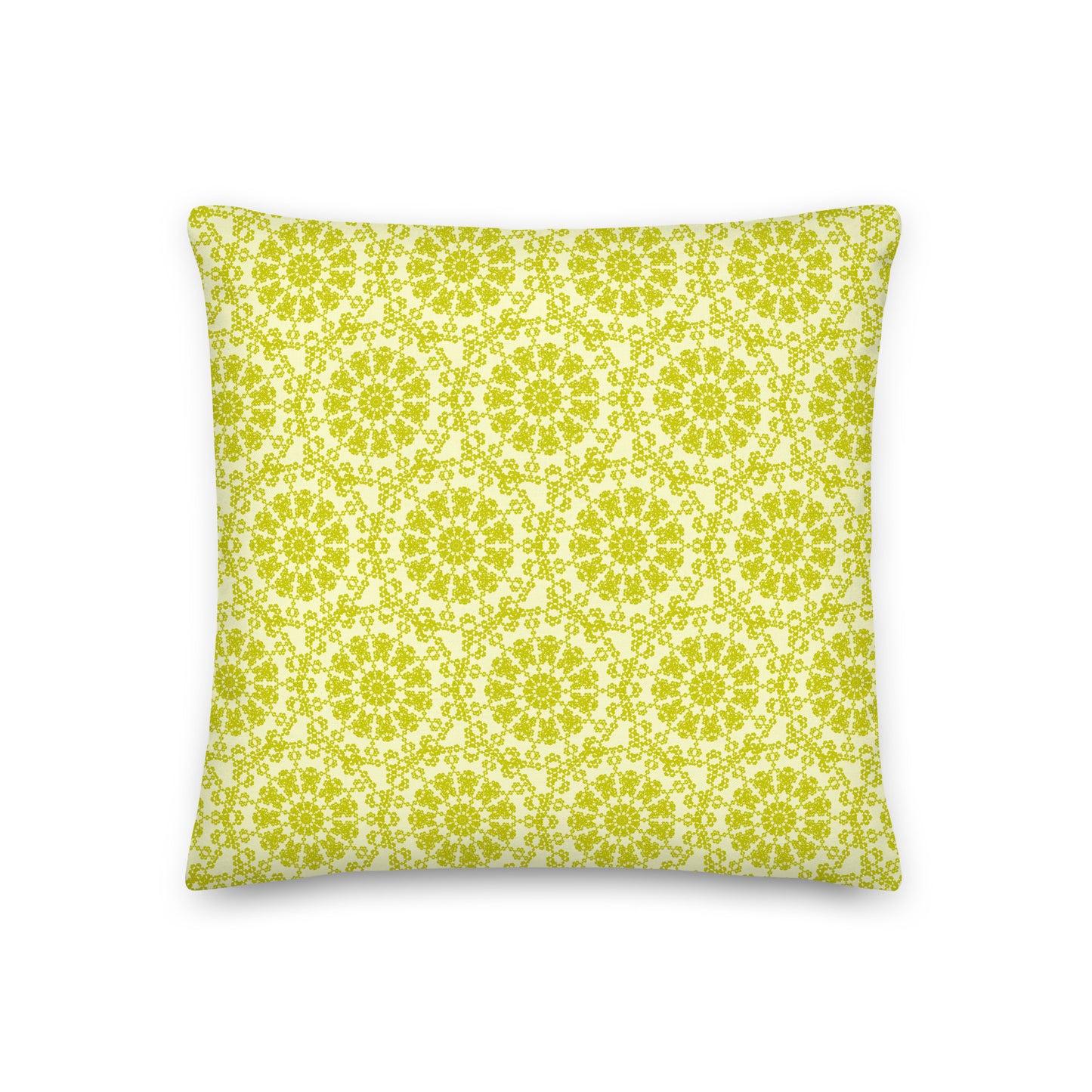 Front of the 18″×18″ premium throw pillow with the 'Hendecagon' yellow-green geometric pattern