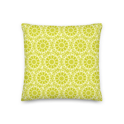Front of the 18″×18″ premium throw pillow with the 'Hendecagon' yellow-green geometric pattern