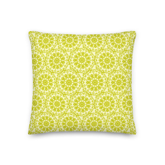 Front of the 18″×18″ premium throw pillow with the 'Hendecagon' yellow-green geometric pattern