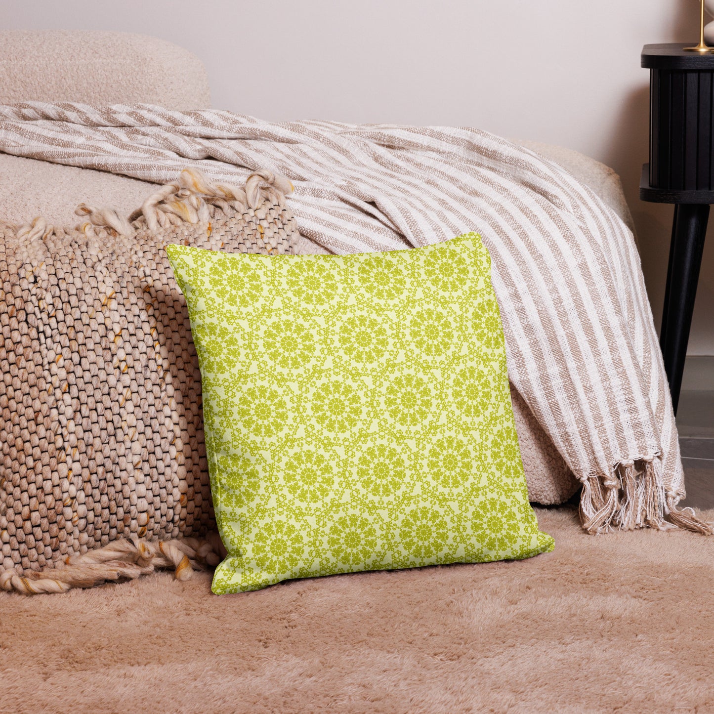 18″×18″ premium throw pillow with the 'Hendecagon' yellow-green geometric pattern in a cozy floor setting