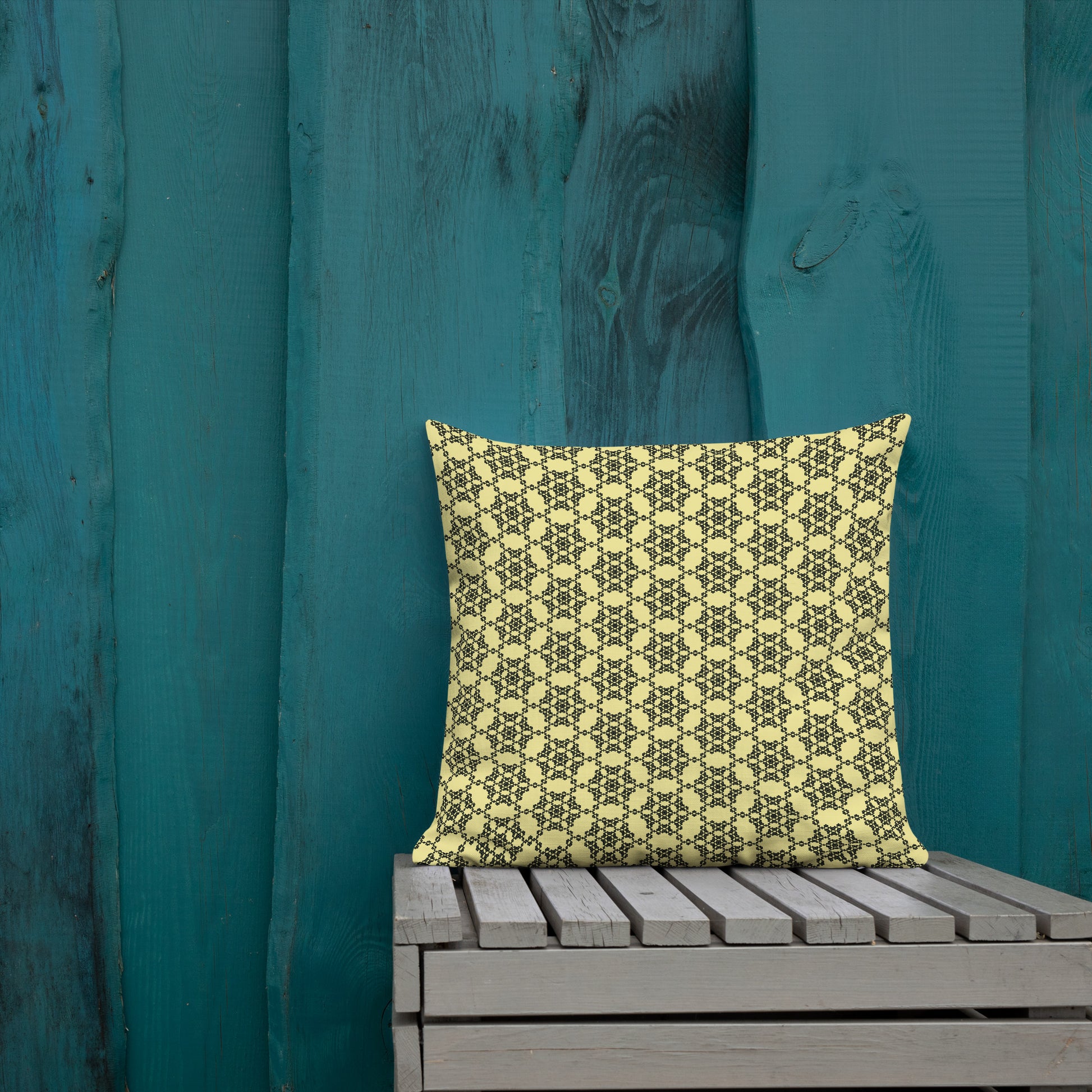 18″×18″ premium throw pillow with the 'Hexagon' yellow and black geometric pattern shown in a lifestyle setting.