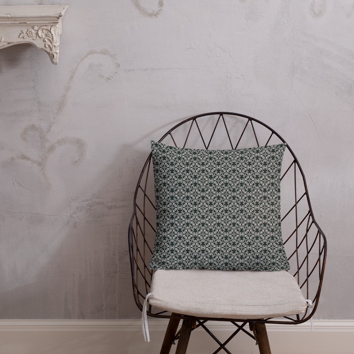 18″×18″ premium throw pillow with the 'Tetragon' charcoal and white geometric pattern shown in a lifestyle setting.