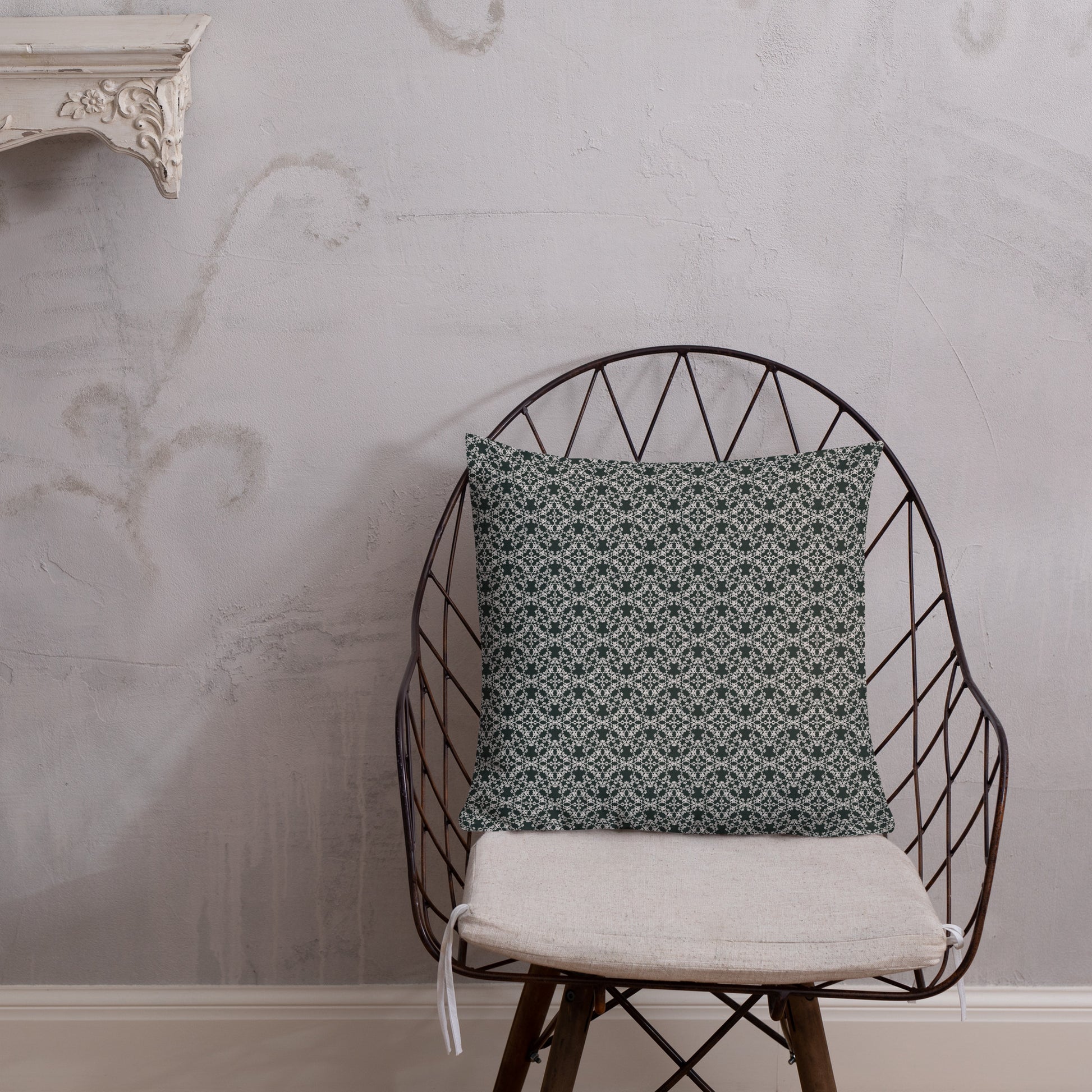 18″×18″ premium throw pillow with the 'Tetragon' charcoal and white geometric pattern shown in a lifestyle setting.