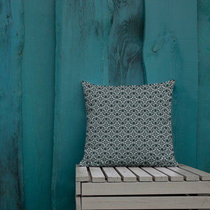18″×18″ premium throw pillow with the 'Tetragon' charcoal and white geometric pattern shown in a lifestyle setting.
