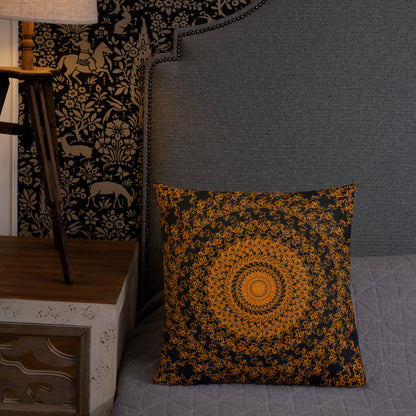 18″×18″ premium throw pillow with the 'The Sun' orange and black geometric design shown in a lifestyle setting.