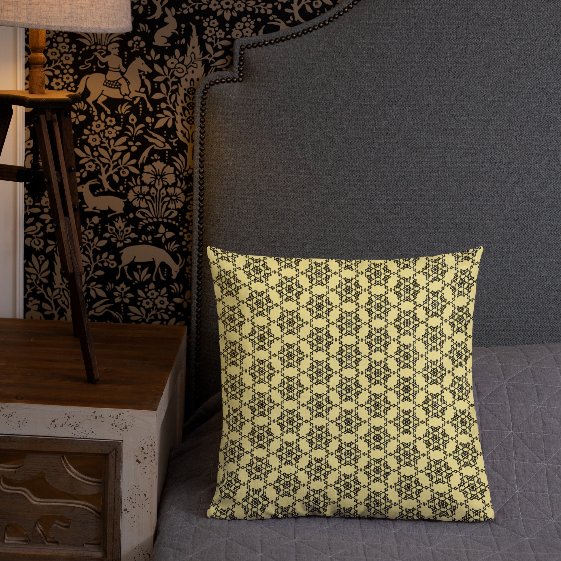 18″×18″ premium throw pillow with the 'Hexagon' yellow and black geometric pattern shown in a lifestyle setting.